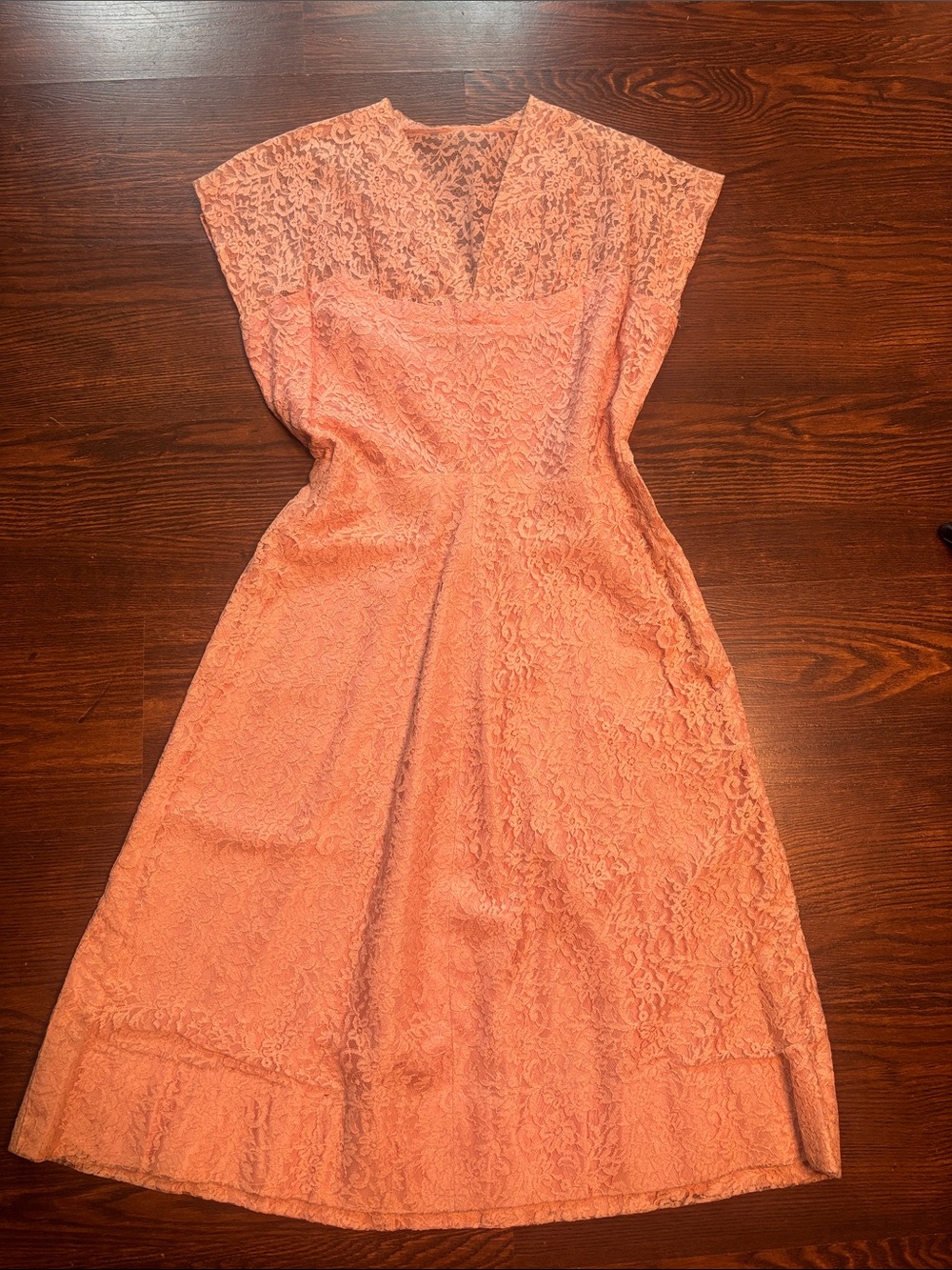 1940s Vintage Lace Midi Dress in Coral Pink
